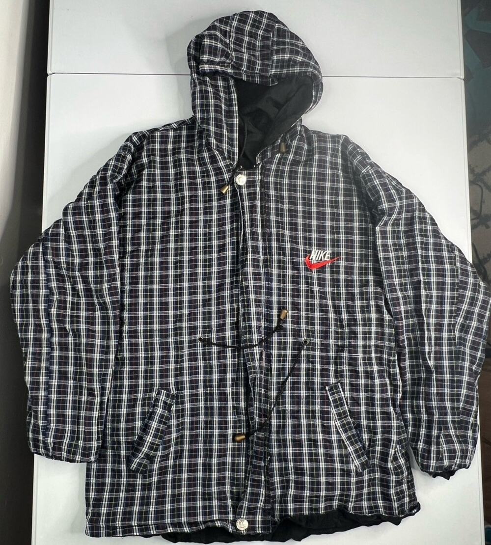 Vintage Nike Jacket Plaid Black Reversible Windbreaker Hooded Men’s Large